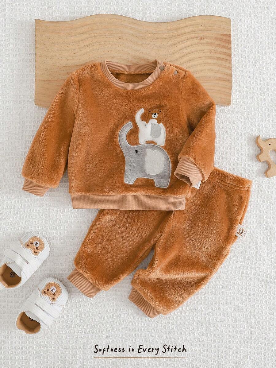 Cozy Pixies 新生儿男女宝宝卡通动物印花保暖加厚圆领长袖套头卫衣和松紧腰裤两件套，加厚保暖 - 棕色 - 查看 1