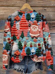 SHEIN LUNE Christmas Casual Minimalist Printed Pattern Loose Fit Crew Neck Long Sleeve Sweatshirt For Women