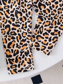 Elladie kids Conjunto de camiseta y pantalones casuales para niñas bebé, con parte superior de manga corta con cuello redondo y estampado de lazos en blanco, y pantalones casuales con estampado de leopardo, para primavera/verano