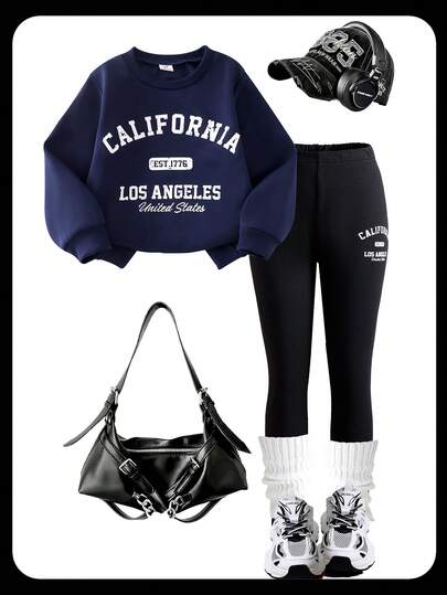 SHEIN Casuvi Kids Conjunto de sudadera y pantalones para niñas, adecuado para primavera y otoño al aire libre, conjunto de ropa linda con sudadera de punto estampada y pantalones pitillo