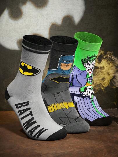 BATMAN X SHEIN 3 Pairs Soft & Breathable Moisture-Wicking Casual Men Mid-Calf Socks With Bat Pattern Fashionable Cool Grey & Back Crew Socks Reinforced Toe & Heel For Durability All Season All-Match Summer Winter,Graphics Socks