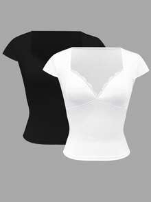 Women's Solid Color Contrast Lace Sweetheart Neck Cap Sleeve Fitted T-Shirt - Black and White - View 3