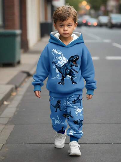 2pcs Young Boys' Loose Fit Casual Sports Stylish Comfortable Dinosaur Print Long Sleeve Hooded Sweatshirt Set, Suitable For Autumn & Winter Boys Dinosaur Clothesdinosaur Clothesgreen Kids Outfityoung Boys Clothing Green