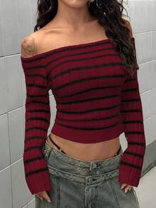 SHEIN LUNE Pakaian Streetwear Wanita Musim Gugur/Dingin Sweater Lengan Panjang Bergaris Off-Shoulder Model Pas Badan dengan Blok Warna - Merah - View 5