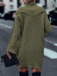 EMERY ROSE Casual Solid Color Off-Shoulder Stand Collar Knit Dress, Autumn/Winter - Army Green - View 2