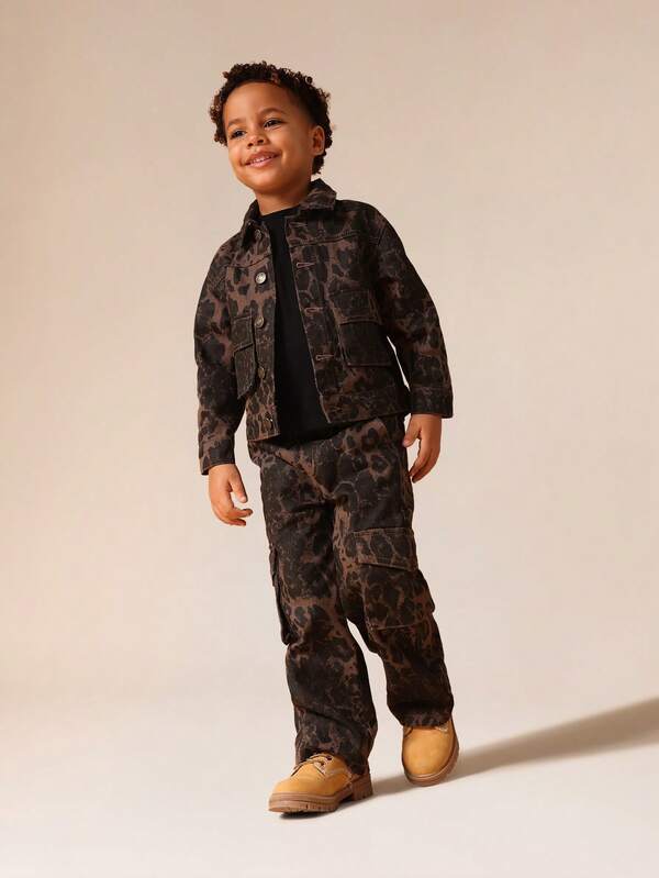 SUMWON Pantalones cargo de niño con estampado de leopardo y bolsillos cargo, ropa de calle informal