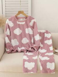 2 件套女童秋冬法兰绒抓绒云朵印花休闲宽松长袖上衣和裤子家居服套装 - 粉色 - 查看 1