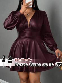 SHEIN CURVE+ Curve Plus Size/Autumn Clothes /Fall Women Clothes/Winter Clothes For Women/Winter ClothesPlus Size Deep V-Neck PU Leather Dress, Casual Punk Style, Suitable For Halloween, Dark, Black Dress Plus Size Dress Plus Size Faux Leather Dress Plus Size V Neck Dress Plus Size Club Dress Curvy Dress/Autumn /Winter - Burgundy - View 9