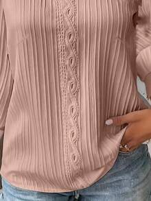 大码纯色蕾丝边长袖休闲衬衫 - 淺粉色 - 查看 4