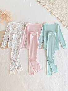 SHEIN Vintaside Kids 6件套女童可爱兔子和花卉全身印花柔软舒适圆领长袖上衣和紧身裤家居服套装 - 彩色 - 查看 2