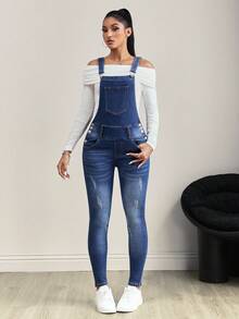 SHEIN Tall Distressed Pocket Washed Denim Skinny Bib Overall Jumpsuit - Dark Wash - View 4