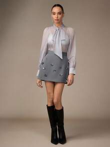Modelyn Women's Elegant Handmade Beaded Grey A-Line Skirt, Fashionable For Autumn Outings - Grey - View 7