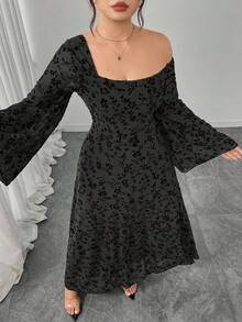 Modelyn Vestido de manga larga ajustado con hombros descubiertos asimétricos y estampado floral para mujer de talla grande - Negro - Ver 6