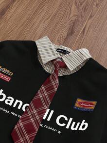 EASEVO Men Plus Size Casual Long Sleeve Pullover Sweatshirt With Printed Tie Front Design - Black - View 3