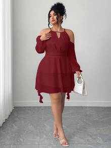 Elenzga Đầm tay loe cổ khoét lỗ hở vai màu trơn cỡ lớn dành cho nữ - Màu Đỏ Sâu - Xem 5