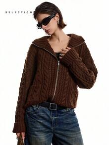 LYSMO SELECTION 2025 Neue Ankunft Minimalismus Winter Damen Kaffeebraun Zopfmuster Dropped Shoulder Langarm Reißverschluss Casual Strick Cardigan für Ausgehen, Streetwear und Stockholm Casual Stil - Kaffeebraun - Übersicht 5