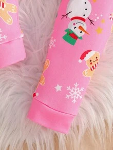 Girls Gingerbread Man & Snowman Cartoon Print Long Sleeve Snug Fit Pajama Set