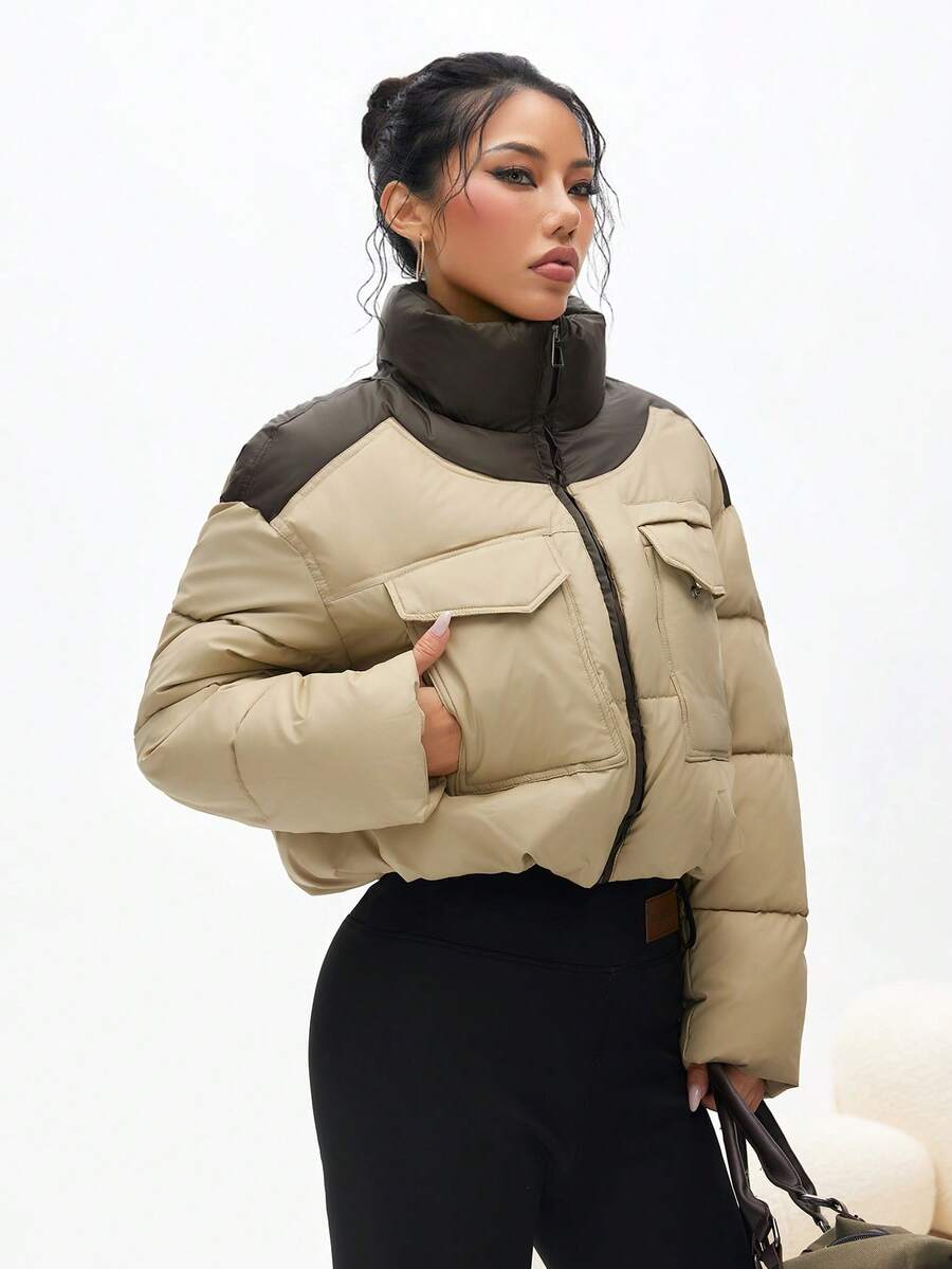 SHEIN Dewbera 2520 Apricot Thickened Short PU Down Padded Coat - Apricot - View 1