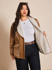 Elaquor Plus Size Women Floral Embroidered Long Sleeve Casual Thermal Lined Jacket, Autumn/Winter Fall/Winter - Camel - View 7