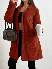 SHEIN Tall Front Pocket And Button Detailed Hooded Very Cozy And Soft Faux Fur Women Coat - Redwood - View 6