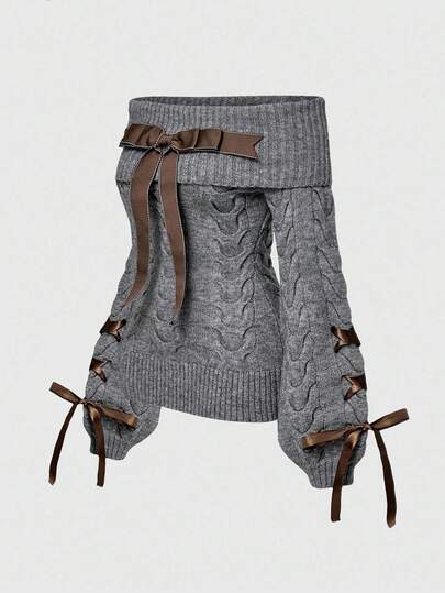 Kawaii Joli pull ajusté à manches lanternes et épaules dénudées avec nœud papillon