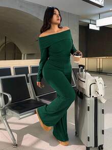 SHEIN EZwear 大码休闲家居服简约露肩粗条纹橄榄绿两件套 - 墨綠色 - 查看 5
