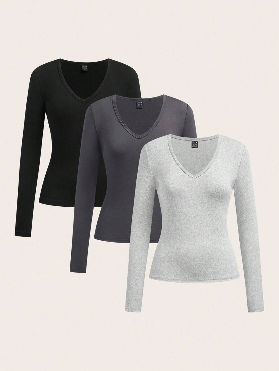 SHEIN EZwear Set de 3 camisetas de manga larga de corte ajustado con escote en V profundo, adecuado para otoño/invierno - Multicolor - Ver 1