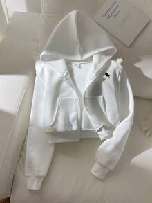 SHEIN Tween Girl Loose Casual Minimalist Comfortable Daily Casual Street Hooded Loose Fitted Pocket Zipper Front Cropped Long Sleeve Sweatshirt Jacket Outerwear, White Back To School - White - View 1