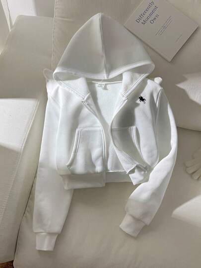 SHEIN Tween Girl Loose Casual Minimalist Comfortable Daily Casual Street Hooded Loose Fitted Pocket Zipper Front Cropped Long Sleeve Sweatshirt Jacket Outerwear, White Back To School