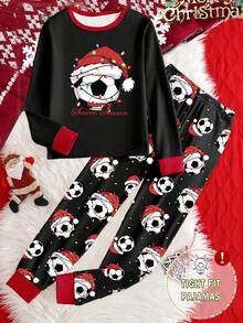 1 套青少年男孩圣诞足球夜光印花舒适睡衣套装，长袖上衣和长裤 - 黑色 - 查看 3