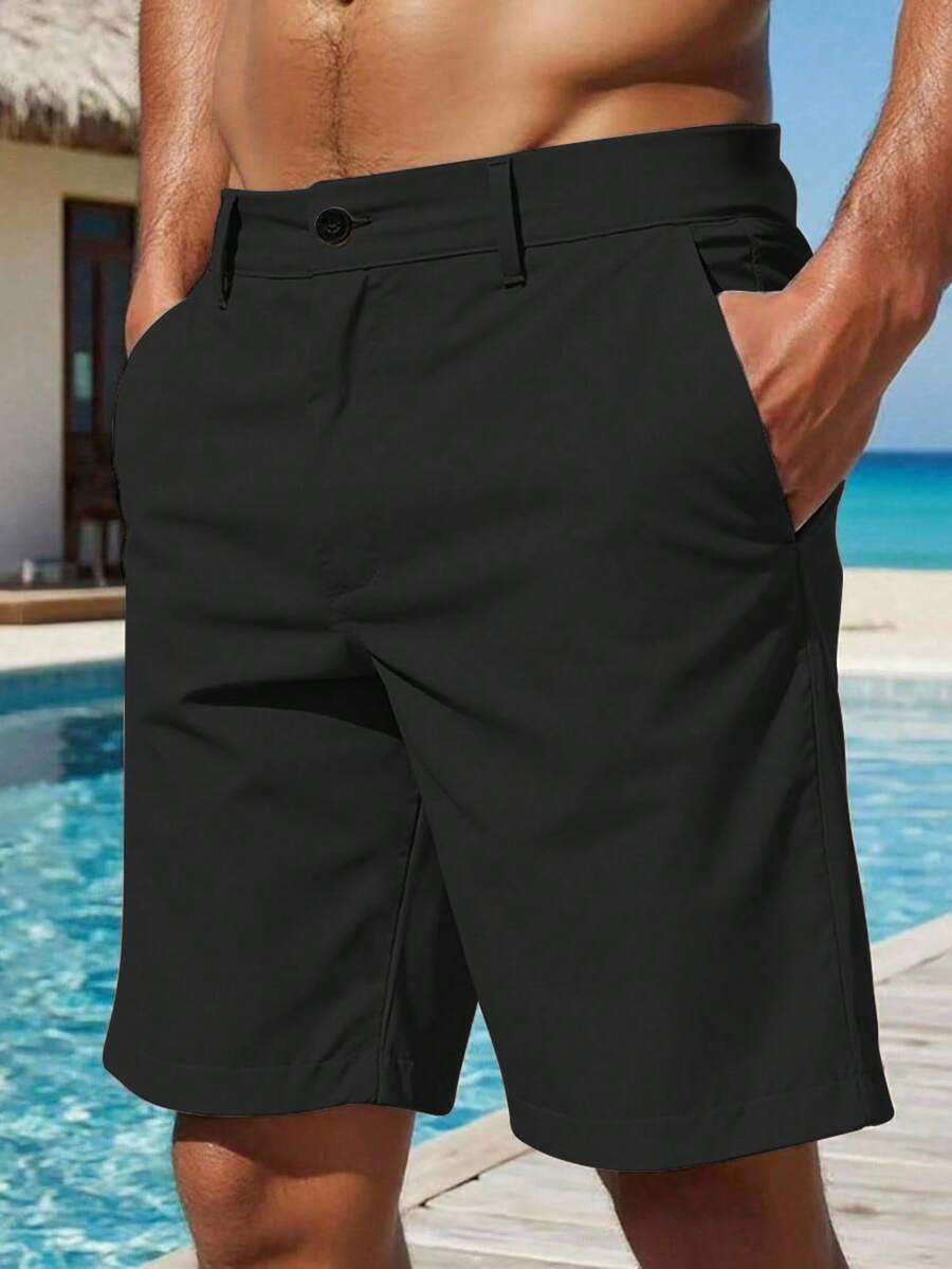 Manfinity RSRT 男士休闲斜插口袋短裤 亚麻短裤 宽松及膝凉快纯色夏季基础款男装短裤 男士休闲黑色正装短裤 男士正装短裤 男士休闲短裤 - 黑色 - 查看 1