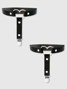 ROMWE Goth 2 件套女士吊袜带，带黑色链条、五角星、空心十字架装饰、哥特式腿部吊袜带，适合连衣裙、裙子、日常百搭、万圣节 - 愛心襪夾 - 查看 2