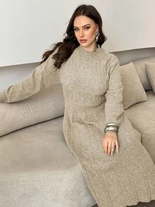 Modelyn 大码女式立领长袖休闲针织毛衣裙，秋冬 - 杏色 - 查看 4