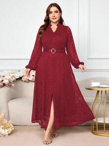 Modelyn 大码女式优雅V领灯笼袖蕾丝修身腰连衣裙 - 紅色 - 查看 1