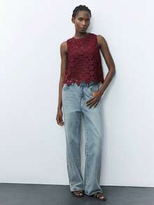 Maija Áo cánh ren khoét lỗ chấm bi màu đỏ tía không tay cho nữ, áo ba lỗ phong cách du lịch thường ngày để đi làm trong thành phố, trang phục công sở, trang phục thanh lịch cho tiệc Giáng sinh, năm mới, áo đỏ - Màu Đỏ Sâu - Xem 6