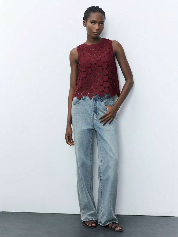 SHEIN Maija Women's Burgundy Polka Dot Hollow-Out Lace Sleeveless Blouse, Vacation Style Casual Tank Top For Urban Commute, Business, Office Wear, Elegant For Spring Summer