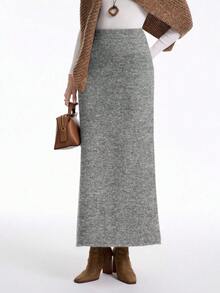 Aalyst Damski, nowy, jednolity kolor, elegancki, wysokiej jakości, luźny, dzianinowy komplet sweterkowo-spódnicowy, jesień/zima - Szary - Zobacz 6