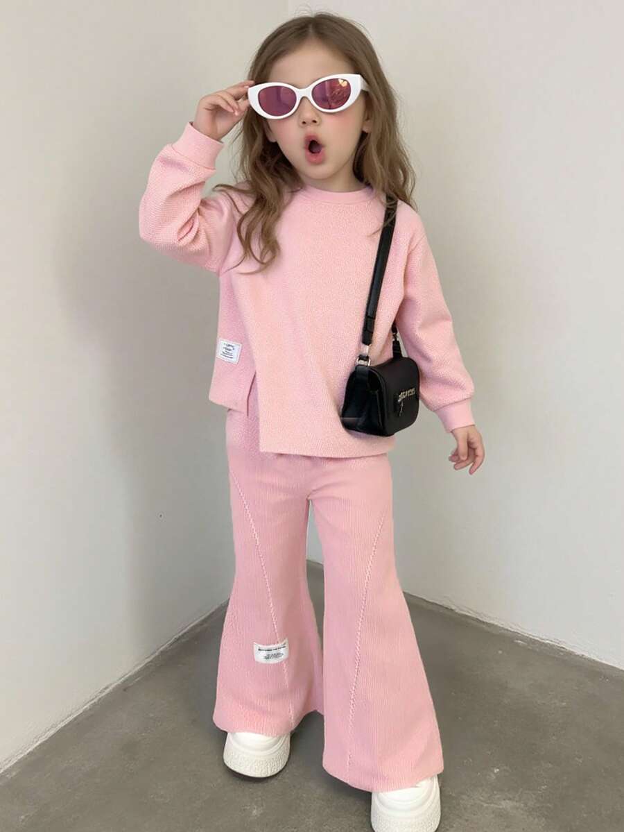 SHEIN Explorewe 2pcs/Set Young Girl' Asymmetric Hem White Polka Dot Round Neck Long Sleeve Top Paired With Matching Flare Pants, Cute & Comfortable Casual Outfit - Pink - View 1