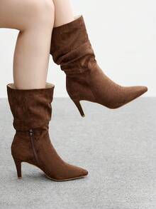 CUCCOO BIZCHIC Brown Pointed Toe Slip-On Ruched Suede Mid-Calf Boots, Fashionable High Heels, Comfortable & Versatile For Daily Commute For Christmas - Brown - View 4