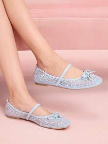 CUCCOO DOLLMOD Women's Blue Mesh Color-Blocking PU Pearl Bow Decor Cute Mary Jane Flat Sandals, Suitable For Vacation - Blue - View 4