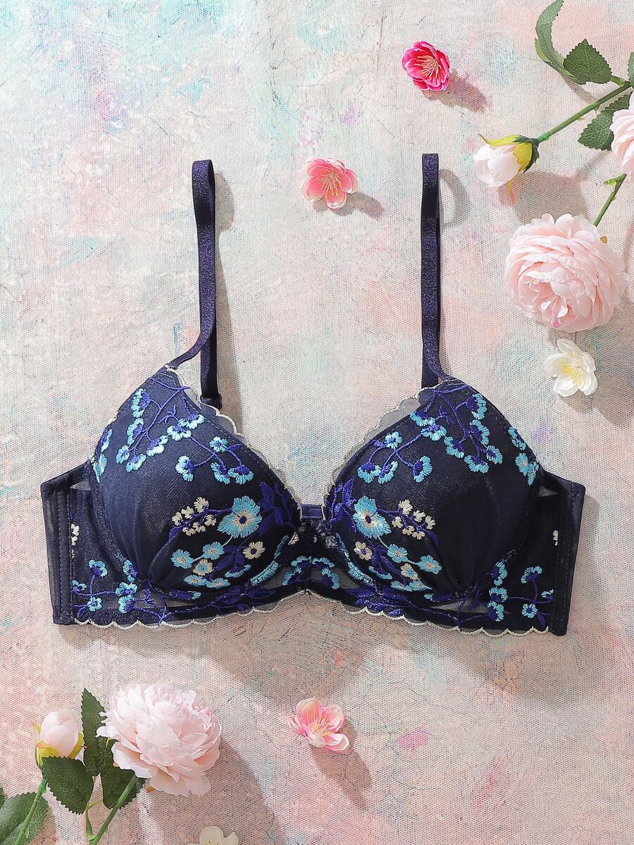 SHEIN 1件套女士网眼刺绣钢圈文胸 - 藏蓝色 - 查看 1