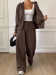 DAZY 女士休闲连帽卫衣和阔腿裤两件套，秋季女士家居服套装 - 棕色 - 查看 4