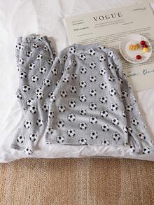 Set de 2 piezas de pijama suave y cómodo con gráfico de fútbol para adolescentes varones, pantalón largo y manga larga
