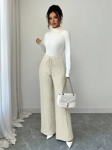 Elenzga 女式高腰抽绳宽松奢华仿羊毛针织阔腿裤 - 米色 - 查看 6