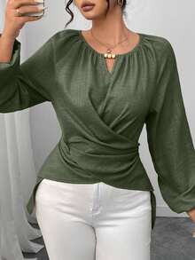 Elenzga Women's Beaded Wrap-Style Cinched Waist Shirt, Autumn/Winter - Army Green - View 3