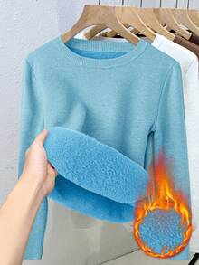 Franclia 女式修身圆领保暖长袖毛衣 - 藍色 - 查看 3