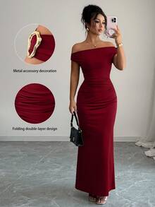 Rafferiza Vestido de fiesta elegante ajustado con hombros descubiertos y detalles metálicos fruncidos para mujeres - Burdeos - Ver 7
