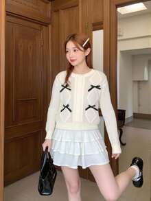 Tween Girl Cardigans,Cream White Soft Knit Cardigan With Bow,Back-To-School Autumn Casual Party Short Sweater For Kids,Wedding Guest Outfits - Beige - View 11