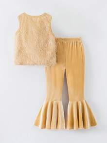 少女纯色圆领毛绒上衣和喇叭裤时尚套装 - 金色 - 查看 3