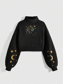 Libbyframe 神秘猫与月亮刺绣高领长袖套头衫